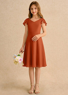 Azazie Narin Girls Formal Robe Demoiselle D'honneur Fillette Robe Trapèze en Mousseline de soie avec manches Orange Brûlée image3
