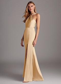 Azazie Elana Final Sale Champagne Mermaid Side Slit Stretch Satin Dress image3