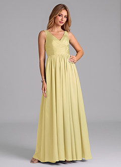 Azazie Keyla Robes de demoiselle d'honneur Robe Trapèze en Satin extensible Plissée Sorbet Citron image5