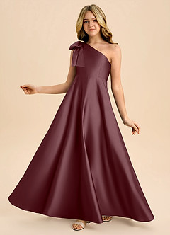 Azazie Penguin Junior Sangria A-Line Bow Stretch Satin Dress image1