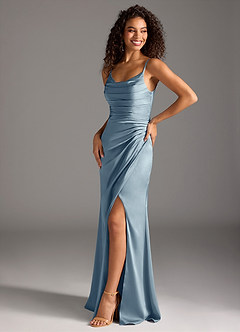 Azazie Deandra Vestidos de damas de honor Vestido de Azul Polvoriento de Satén Elástico de Corte Sirena con Plisado image1