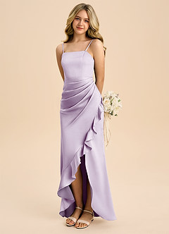 Azazie Buzzy Junior Vestido de Lila Esmerilada de Satén Elástico de Corte Recto con Plisado image1