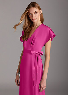 Azazie Nico Bridesmaid Dresses Fuchsia A-Line V-Neck Stretch Satin Dress image6