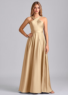 Azazie Dixie 신부 들러리 드레스 A라인 주름진 스트레치 새틴 바닥 길이 드레스 image3