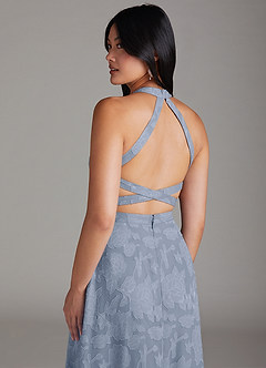 Azazie Clarice Robes de demoiselle d'honneur Robe Trapèze en Blumen-Burnout Fente Latérale Bleu Poussiéreux image6