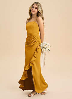 Azazie Buzzy Junior Vestido Caramelo de Cetim elástico de Bainha com Plissado image6