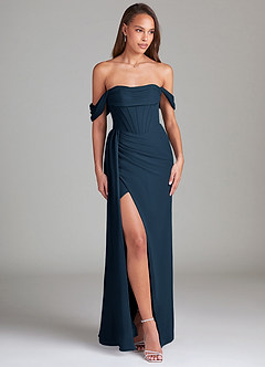 Azazie Amyra Bridesmaid Dresses Dark Navy Sheath Off the Shoulder Chiffon Convertible Dress image3