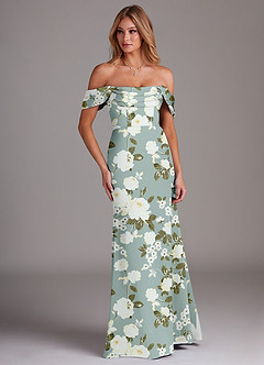 Azazie Saige Bridesmaid Dresses Misty Floral Garden Sheath Off the Shoulder Stretch Satin Dress image4