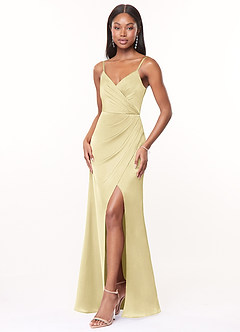 Azazie Maci Bridesmaid Dresses Lemon Sorbet A-Line V-Neck Pleated Stretch Satin Dress image3
