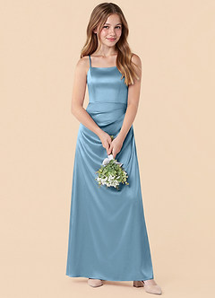 Azazie Renna Junior Vestido de Azul Acero de Satén Elástico de Corte en A con Plisado image4