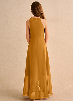 Azazie Boop Girls Formal Robe Demoiselle D'honneur Fillette Robe Trapèze en Mousseline de soie Arc Caramel écossais image2