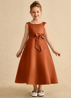 Azazie Eve Flower Girl Dresses Burnt Orange A-Line Pleated Matte Satin Dress image4