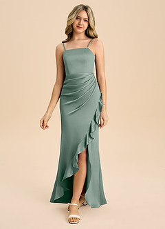Azazie Buzzy Junior Silver Sage Sheath Pleated Stretch Satin Dress image5