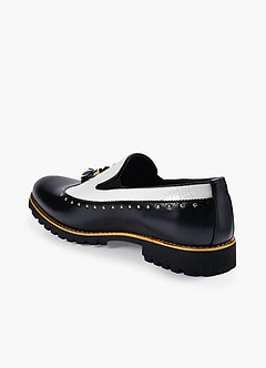 front Men's Mixed Leather Tassel Studded Loafers