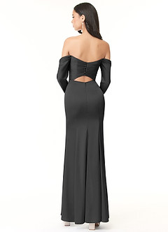Azazie Hallie Bridesmaid Dresses Black Sheath Off-The-Shoulder Long Sleeve Stretch Satin Convertible Dress image4