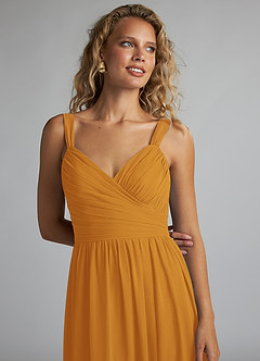 Azazie Aziza Bridesmaid Dresses Butterscotch A-Line V-Neck Pleated Chiffon Dress image5