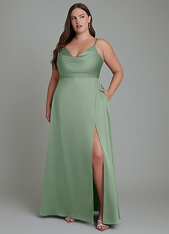 Azazie Sarella Vestidos de damas de honor Vestido Matcha de Satén Elástico de Línea A con Plisado image10