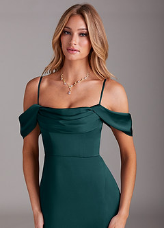 Azazie Saige Bridesmaid Dresses Pine Sheath Off the Shoulder Stretch Satin Dress image2