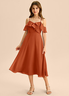 Azazie Kamilla Junior Abito A-Line in Chiffon a Spalla Scoperta Arancia Bruciata image1