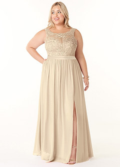 Azazie Elly Bridesmaid Dresses Champagne A-Line Lace Scoop Neck Chiffon Dress image7