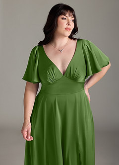 Azazie Kimber Bridesmaid Dresses Basil A-Line Ruched Stretch Satin Dress image5