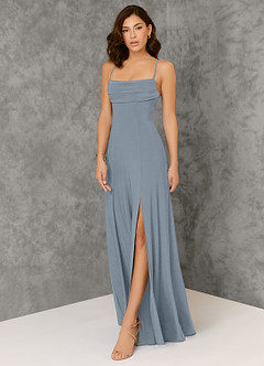 Azazie Aubrianna Bridesmaid Dresses Dusty Blue A-Line Pleated Luxe Knit Dress image4