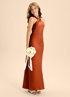 Azazie Doretta Junior Paprika A-Line Pleated Stretch Satin Dress image7