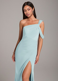 Azazie Wynter Bridesmaid Dresses Sea Glass Sheath Off the Shoulder Chiffon Dress image7