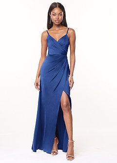 Azazie Maci Bridesmaid Dresses Royal Blue A-Line V-Neck Pleated Stretch Satin Dress image1