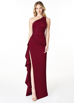 Azazie Latrice Bridesmaid Dresses Burgundy Sheath One Shoulder Cascading Ruffles Stretch Satin Dress image1