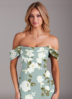 Azazie Saige Bridesmaid Dresses Misty Floral Garden Sheath Off the Shoulder Stretch Satin Dress image7