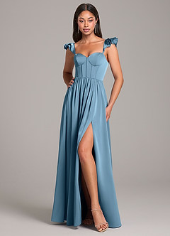 Azazie Denisse Bridesmaid Dresses Steel Blue A-Line Ruched Stretch Satin Dress image5