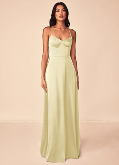 Azazie Mei Brautjungfernkleider A-Linie V-Hals Stretch-Satin Kleid Zitronensorbet image1