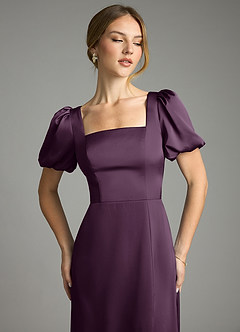 Azazie Fyona Bridesmaid Dresses Plum A-Line Pleated Stretch Satin Dress image6