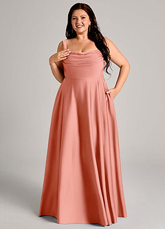 Azazie Shaude Bridesmaid Dresses Coral A-Line Pleated Stretch Satin Dress image11