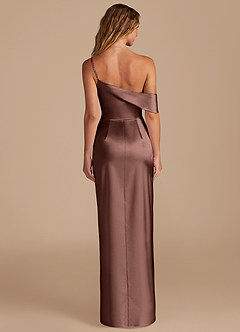 Azazie Lia Bridesmaid Dresses Espresso Sheath Off the Shoulder Metallic Satin Dress image4