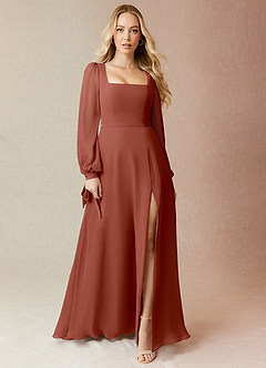Azazie Leonia Bridesmaid Dresses Auburn A-Line Long Sleeve Chiffon Dress image3