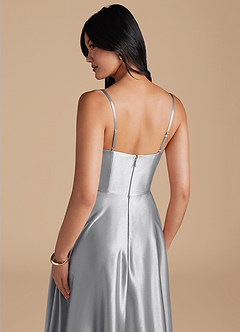 Azazie Elle Bridesmaid Dresses Silver A-Line with Pockets Metallic Satin Dress image4