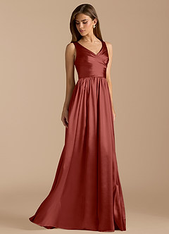 Azazie Keyla Bridesmaid Dresses Terracotta A-Line Pleated Metallic Satin Dress image4