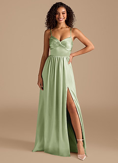Azazie Zeya Bridesmaid Dresses Dusty Sage A-Line Pleated Metallic Satin Dress image7