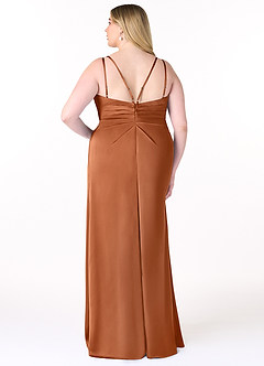 Azazie Aqua Bridesmaid Dresses Copper A-Line V-Neck Pleated Stretch Satin Dress image9