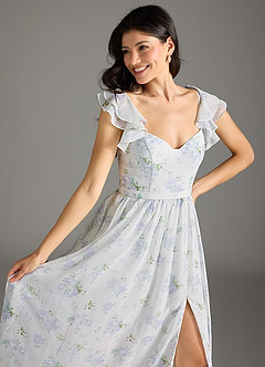 Azazie Nalin Probar vestidos en casa Vestido de Azul Vintage Floral de Gasa de Corte en A con Volante image9