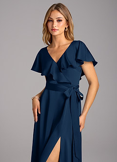 Azazie Lainey Vestidos de damas de honor Vestido de Azul Marino Oscuro de Satén Elástico de Corte en A con Con bolsillos image6
