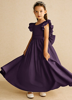 Azazie Piglette Flower Girl Dresses Plum A-Line Bow Matte Satin Dress image2