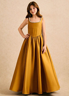 Azazie Enid Girls Formal Blomsterpigekjoler A-Line Perlebesat Stræk satin Gulv-længde Kjole image4
