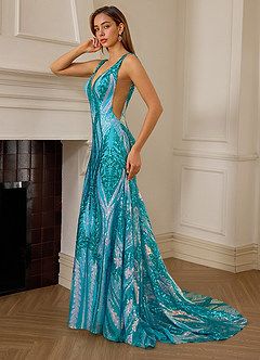 Jade Blue Sequin Satin Side Split Deep V-neck Mermaid Marine Prom Dress image7