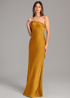 Azazie Monroe Bridesmaid Dresses Butterscotch Mermaid One Shoulder Stretch Satin Dress image1
