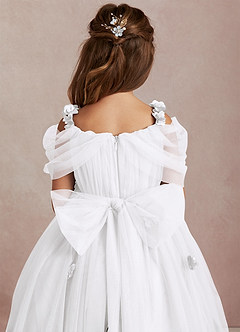 Azazie Shaylee Jurken voor bloemenmeisjes A-Lijn Jurk van Tule Off the Shoulder Wit image5
