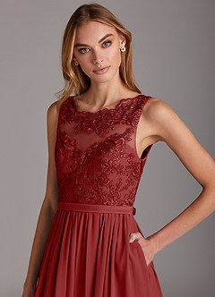 Azazie Elly Bridesmaid Dresses Rust A-Line Lace Scoop Neck Chiffon Dress image6