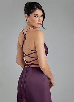 Azazie Jaslene Bridesmaid Dresses Plum A-Line Corset Stretch Satin Dress image9